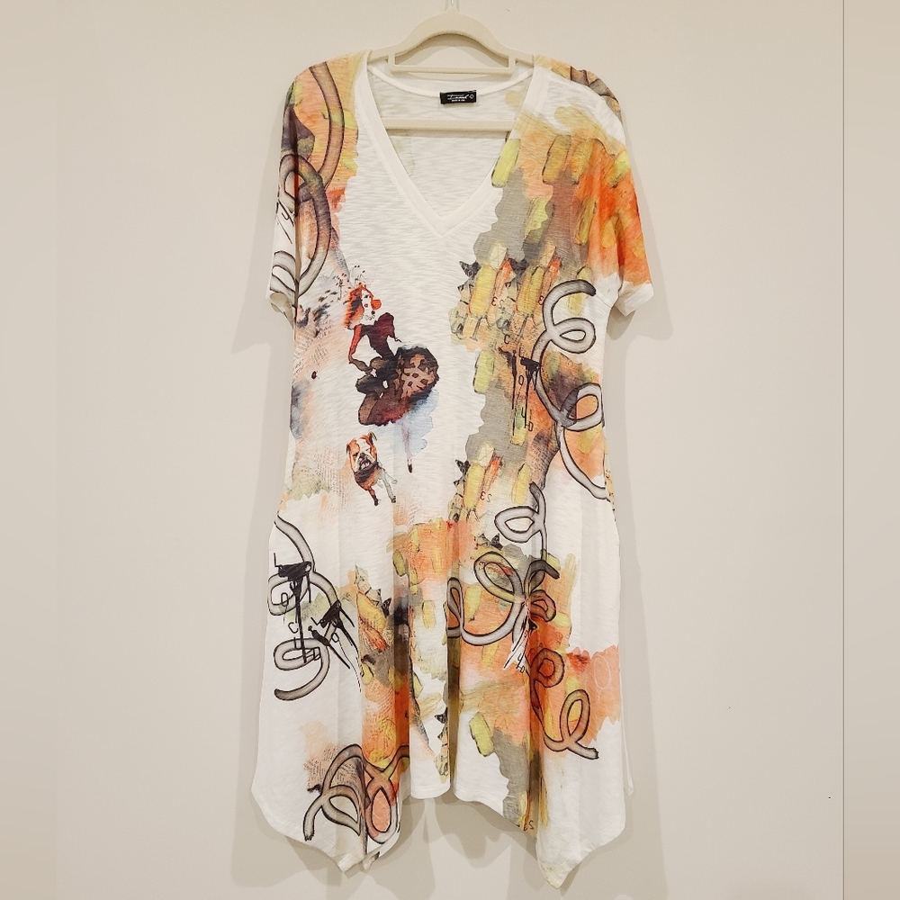Inoah Abstract Colorful Wearable Art Asymetrical Hem Dress